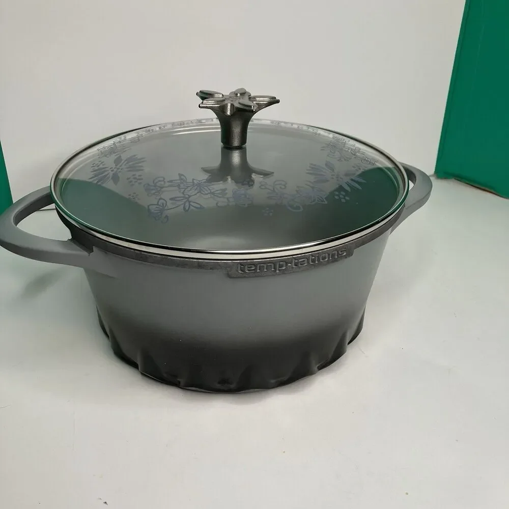 Temp-tations 5.9 Qt Round Aluminum NonStick Casserole Gray Pot With Glass Lid